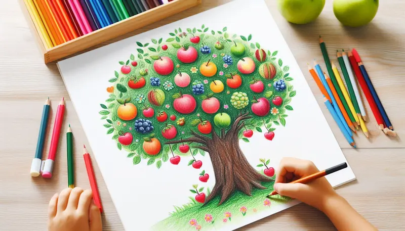 Enfant dessinant un arbre chargé de fruits